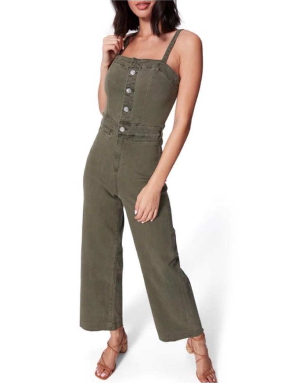 PAIGE Anessa Ankle Jumpsuit Olive Green Utility Denim Wide Leg Size 25